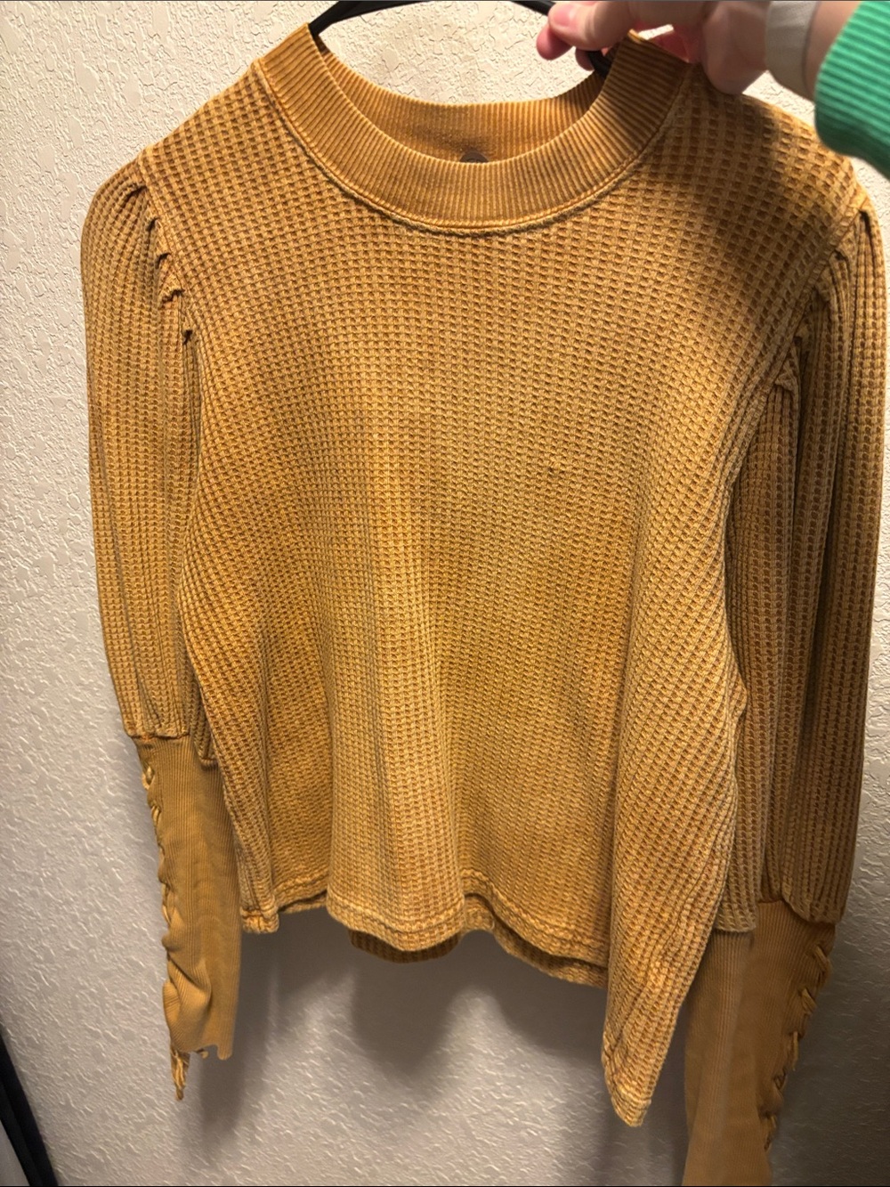 Puff Sleeve Waffle Blouse in Mustard - Picture 3 of 4